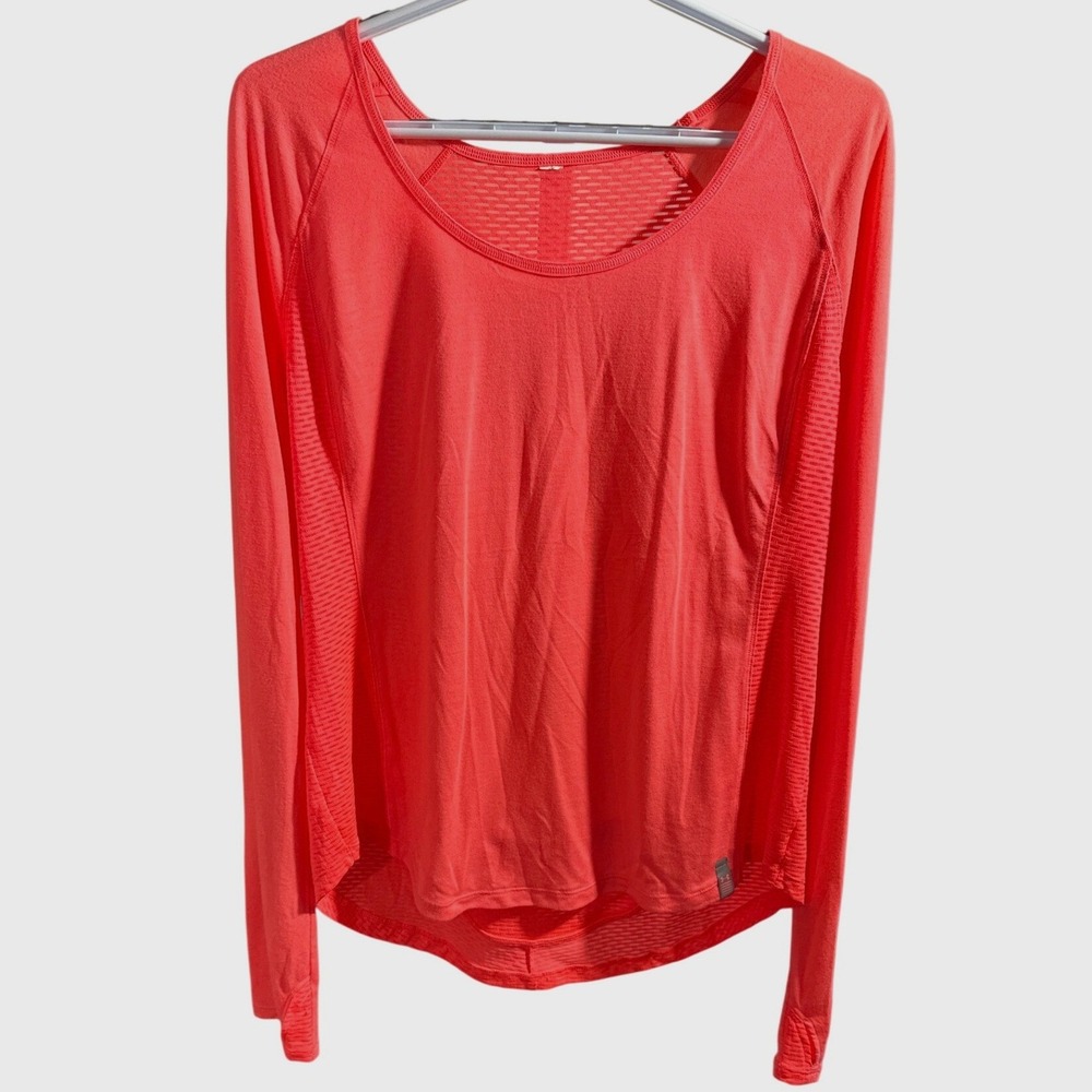 Under Armour Womens Long Sleeve Running Shirt Coral Pink Mesh Back Zip Pocket L